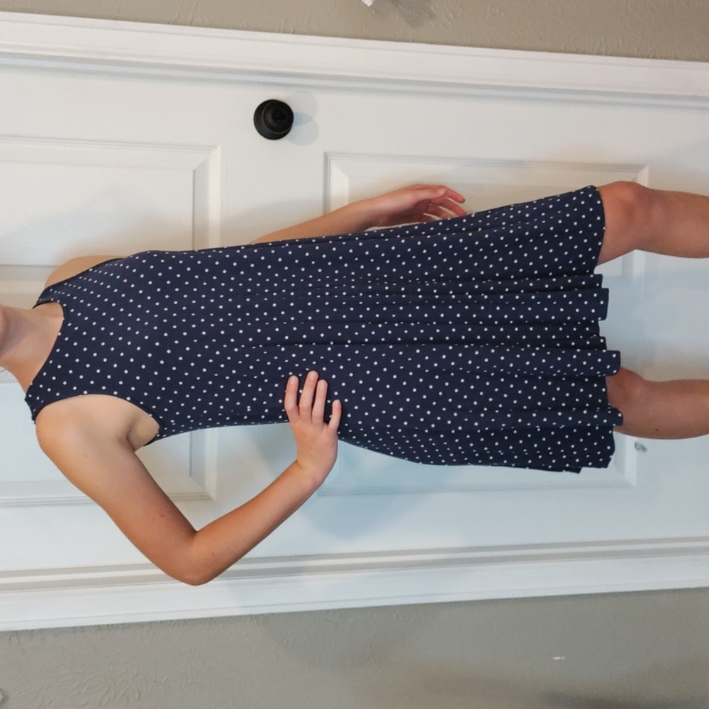 Blue dress with white polka dots